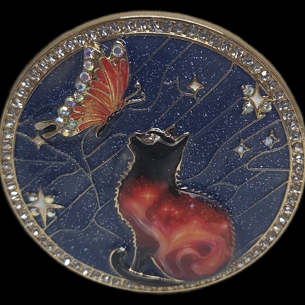 Elegant Cat and Butterfly Brooch - Red and Blue